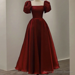 Prom Dresses, Vintage Evening Gown Womens Short Sleeve With Square Collar Ankle Length Formal Plain