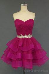 Hot Pink Organza Sweetheart Neckline Short Beadings Belt Tiered Rose Red Layers Prom Dresses