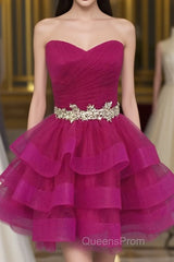 Hot Pink Organza Sweetheart Neckline Short Beadings Belt Tiered Rose Red Layers Evening Prom Dress