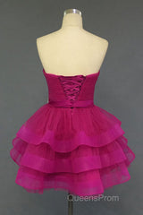 Hot Pink Organza Sweetheart Neckline Short Beadings Belt Tiered Rose Red Layers Evening Prom Dress