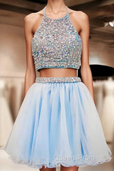 Two Pieces Light Blue Short High Neck Open Back Rhinestones Mid Section Sky Blue Evening Prom Dress