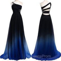 One Shoulder Navy Blue Royal Blue Ombre Gradient Color Chiffon Long Ombre For Sweet 16 Evening Prom Dress