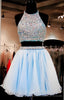 2025 Beautiful Short Two Pieces Light Sky Blue Halter Open Back For Teens Prom Dresses