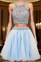 2024 Beautiful Short Two Pieces Light Sky Blue Halter Open Back For Teens Evening Prom Dress
