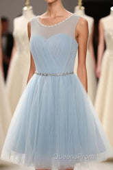 Simple Light Blue Short Tulle Cheap Elegant Charming Homecoming Dress