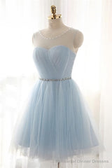 Simple Light Blue Short Tulle Elegant Charming Homecoming Dresses