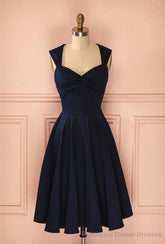 Vintage Simple Short Navy Blue Elegant Handmade Homecoing Homecoming Dresses