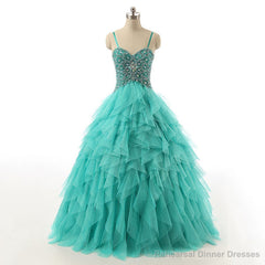 Spaghetti Straps Lace Up Beaded Long Prom Dress, Crystal Turquoise Ball Gown Prom Dress, Cascading Ruffles Tulle Prom Dress
