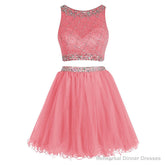 Bateau Neck Illusion Pink Short Crystal Beaded Two Piece Sequined Crop Top Tulle Mini Prom Dresses