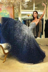 A Line Navy Blue Beading Tulle Evening Prom Dress