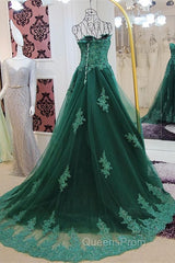 Sweetheart Long Lace Green Sweep Train Lace Up Evening Prom Dress