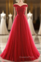 Off The Shoulder Red A Line Pleated Long Red Evening Prom Dress