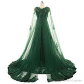 Elegant Women Beaded Lace With Long Appliques Tulle Cape Emerald Green Evening Dresses