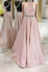Pink Backless Halter Simple Handmade Plus Size Elegant Evening Prom Dress