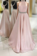 Pink Backless Halter Simple Handmade Plus Size Elegant Evening Prom Dress