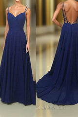 Simple A Line Spaghetti Straps Backless Royal Blue Long Evening Prom Dress