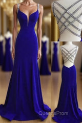 Sexy Mermaid Spaghetti Straps Royal Blue Long With Beading Sexy Evening Prom Dress