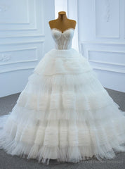 Prom Season White Ball Gown Tulle Sweetheart Pleats Tiers Wedding Dress