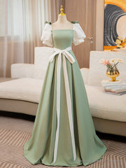 Puff Sleeves A-line Satin Green/White Long Prom Dress, Green Long Formal Dress