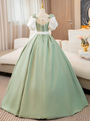 Puff Sleeves A-line Satin Green/White Long Prom Dress, Green Long Formal Dress