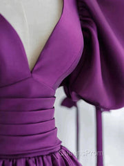 Puffy Sleeve Backless Satin Purple Backless Evening Prom Dress