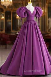 Puffy Sleeve Backless Satin Purple Backless Evening Prom Dress