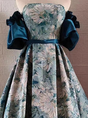 Puffy Sleeves Print Blue Quinceanera Evening Prom Dress