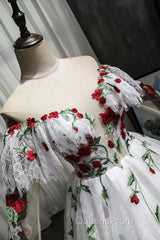 Puffy Long Sleeves Off the Shoulder Lace Tulle Evening Prom Dress with Appliques