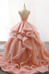 Puffy Tulle Long Evening Prom Dress with Beading, A Line Sleeveless Party Gown