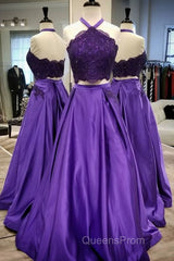 Purple 2 Piece Lace Evening Prom Dress Halter Long Evening Gowns With Pockets