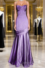 Purple A-Line Mermaid Straps Evening Dress, Purple Satin Evening Prom Dress Formal Dress