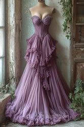 Purple A-Line Sweetheart Neck Tulle Beaded Long Evening Prom Dress, Vintage Evening Dress