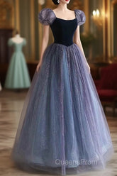 Purple A-Line Tulle Long Evening Prom Dress, Purple Formal Dress