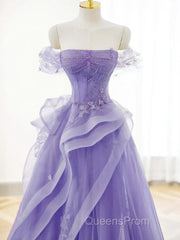 Purple A-Line Tulle Off Shoulder Long Evening Prom Dress, Purple Lace Evening Dress