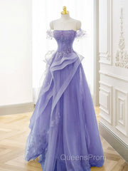 Purple A-Line Tulle Off Shoulder Long Evening Prom Dress, Purple Lace Evening Dress