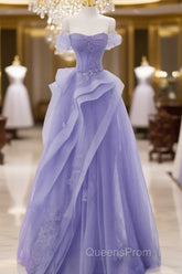 Purple A-Line Tulle Off Shoulder Long Evening Prom Dress, Purple Lace Evening Dress