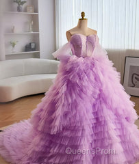 Purple Ball Gown Tulle Off The Shoulder Tiers Evening Prom Dress