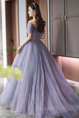 Purple Beaded Tulle Ball Gown Formal Dress, Off Shoulder Sweet 16 Formal Dress