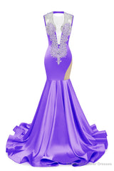 Purple Deep V Neck Mermaid Satin Prom Dresses Sparkly Beaded Pageant Crystals Evening Formal Dresses