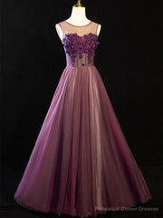Purple Floral Long Lace Prom Dresses, Purple Floral Long Lace Formal Evening Dresses