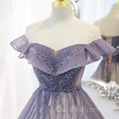 Purple Gradient A-Line Beaded Tulle Long Evening Prom Dress, Floor Length Purple Evening Dress