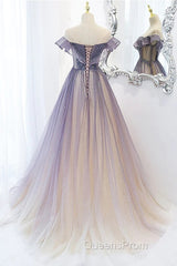 Purple Gradient A-Line Beaded Tulle Long Evening Prom Dress, Floor Length Purple Evening Dress