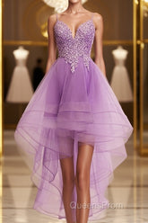 Purple High Low Lace Evening Prom Dress, Light Purple High Low Lace Formal Homecoming Dress