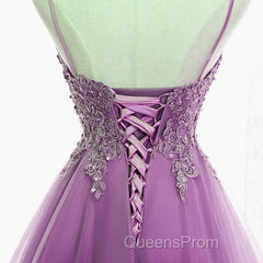 Purple High Low Lace Evening Prom Dress, Light Purple High Low Lace Formal Homecoming Dress
