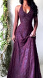 Purple Lace Halter Classy Prom Dress Long Classy Evening Party Dress,