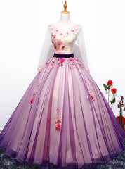 Purple Long V-neck Purple Tulle Appliques Quinceanera Dresses