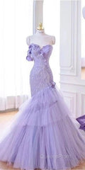 Purple Mermaid Sweetheart Neck Tulle Beaded Long Evening Prom Dress Strapless Sequin Applique Wedding Dress