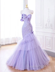 Purple Mermaid Sweetheart Neck Tulle Beaded Long Evening Prom Dress Strapless Sequin Applique Wedding Dress