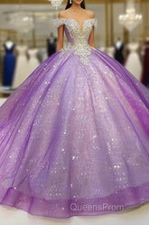 Purple Off The Shoulder Ball Gown , Bling Bling Evening Prom Dress