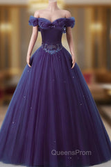 Purple Off-The-Shoulder Sweetheart Party Dress, Beaded Flowers Ball Gown Tulle Evening Prom Dress